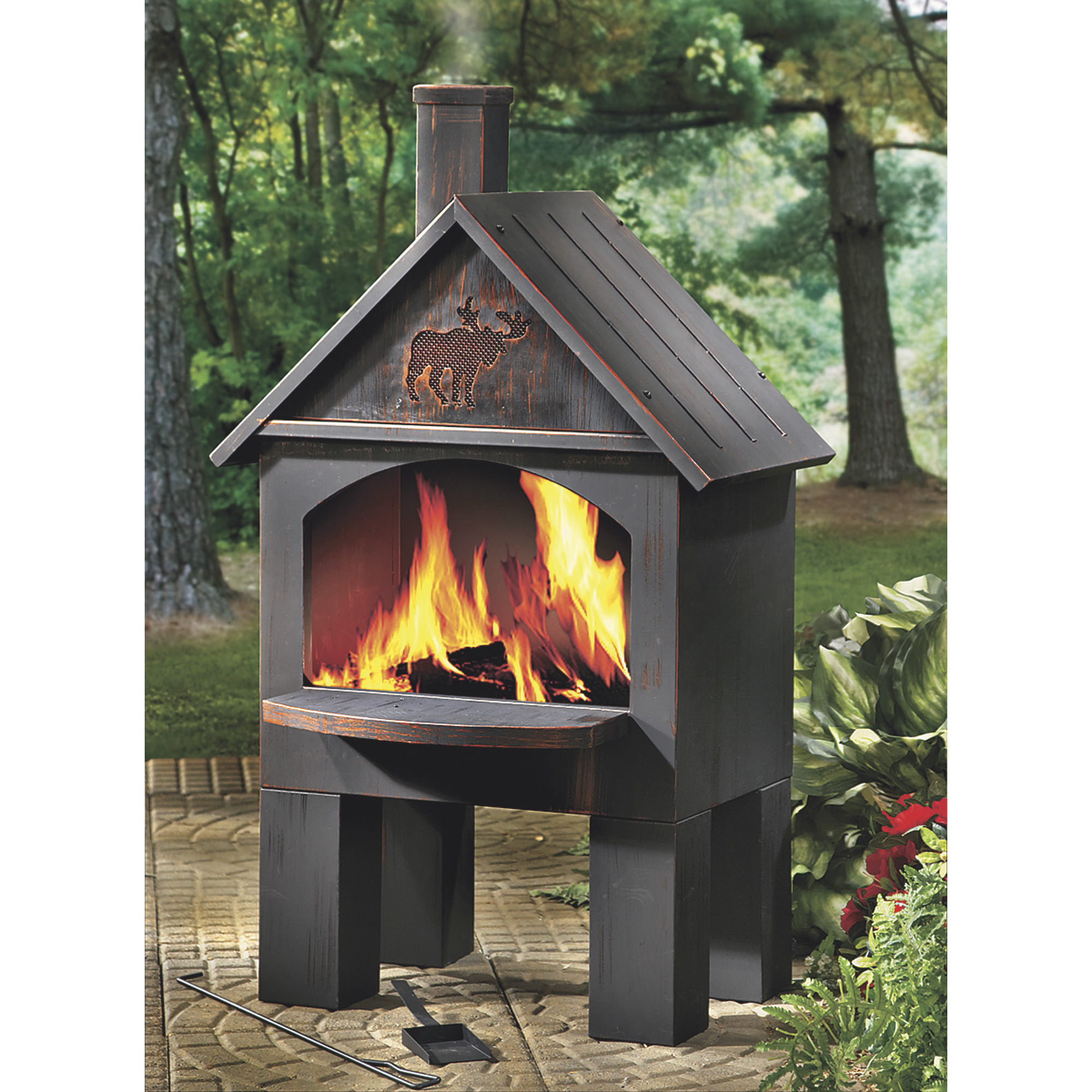Cabin-Style Outdoor Cooking Steel Chiminea,20in.W x 25in.D x 43in.H